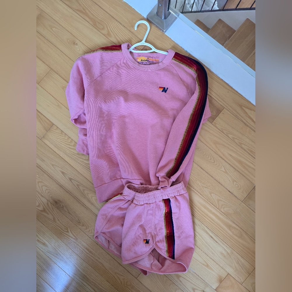 Aviator Nation Pink Sweatshirt with Rainbow Accents And Shorts